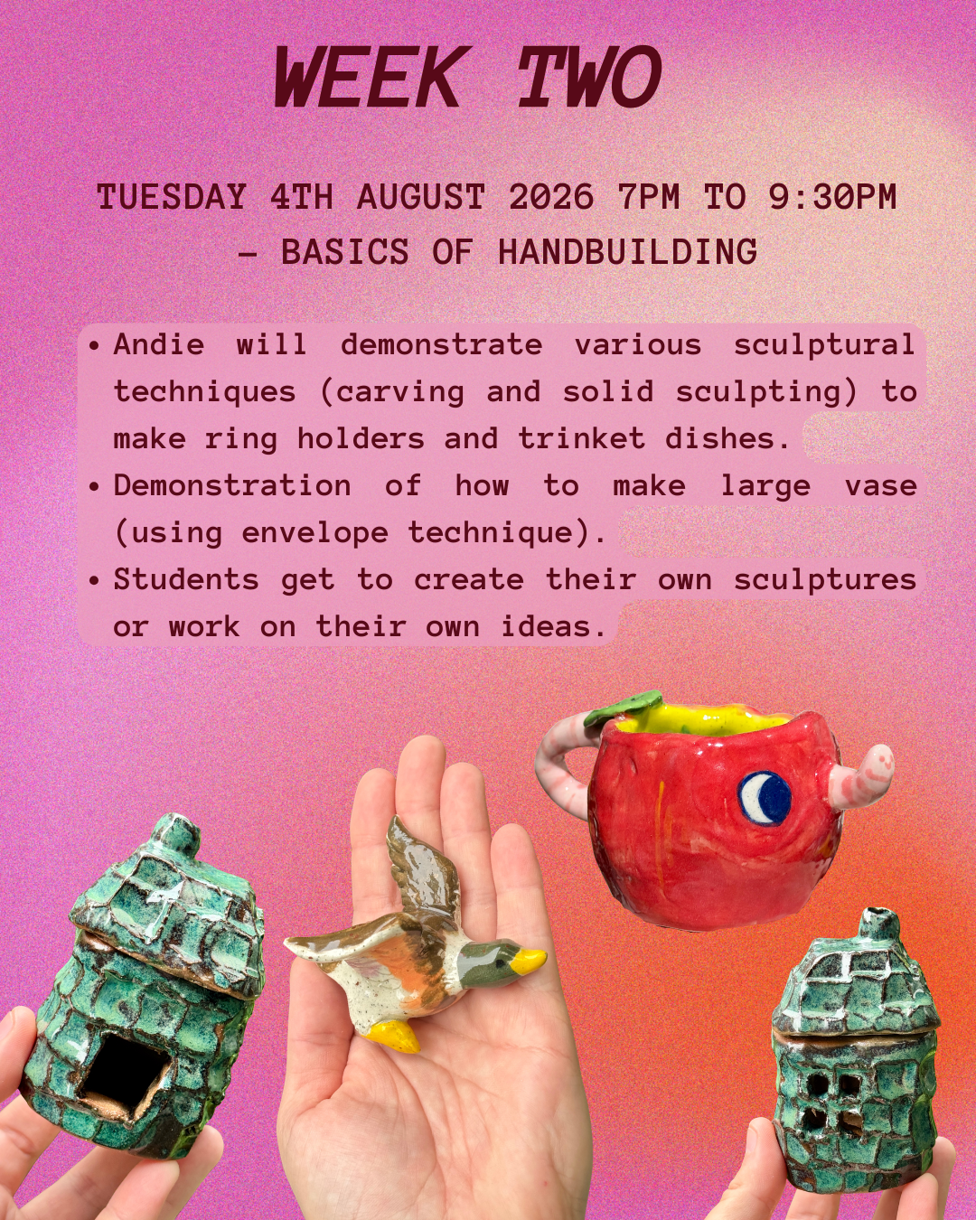 JUL/AUG Ceramic Creative Handbuilding Workshops (5 week term) with Brisbane Lesbian Run Club - Queer Clay Club