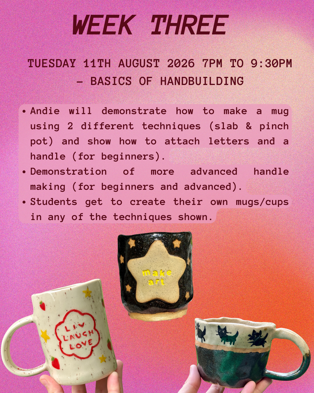 JUL/AUG Ceramic Creative Handbuilding Workshops (5 week term) with Brisbane Lesbian Run Club - Queer Clay Club