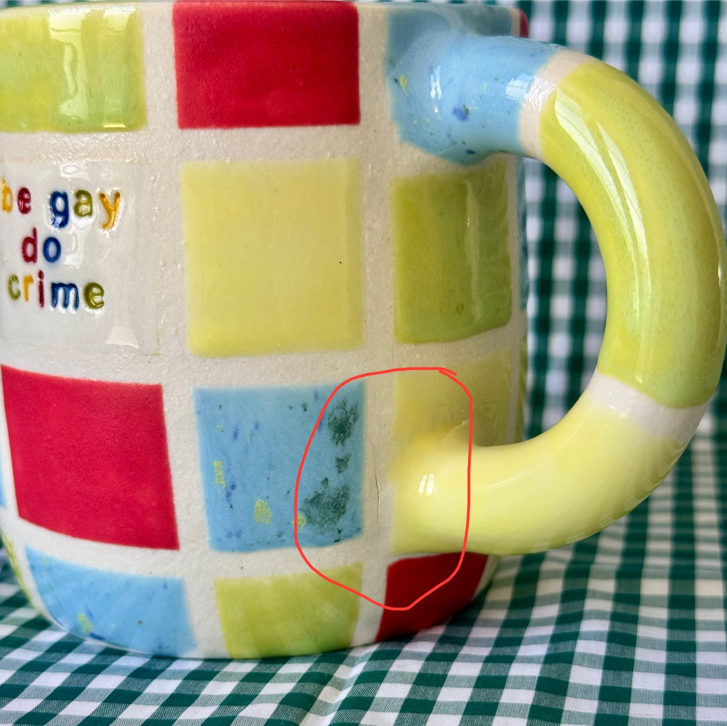 SECONDS - Be Gay Do Crime Mug - rainbow gingham large