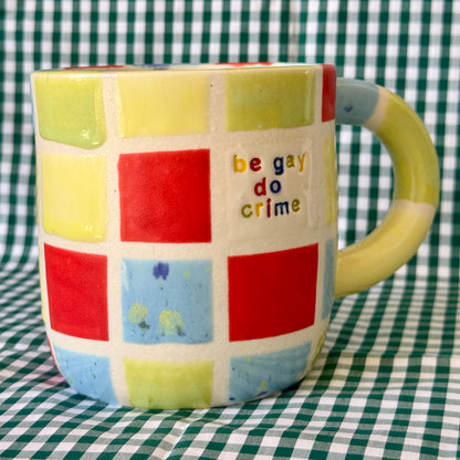 SECONDS - Be Gay Do Crime Mug - rainbow gingham large